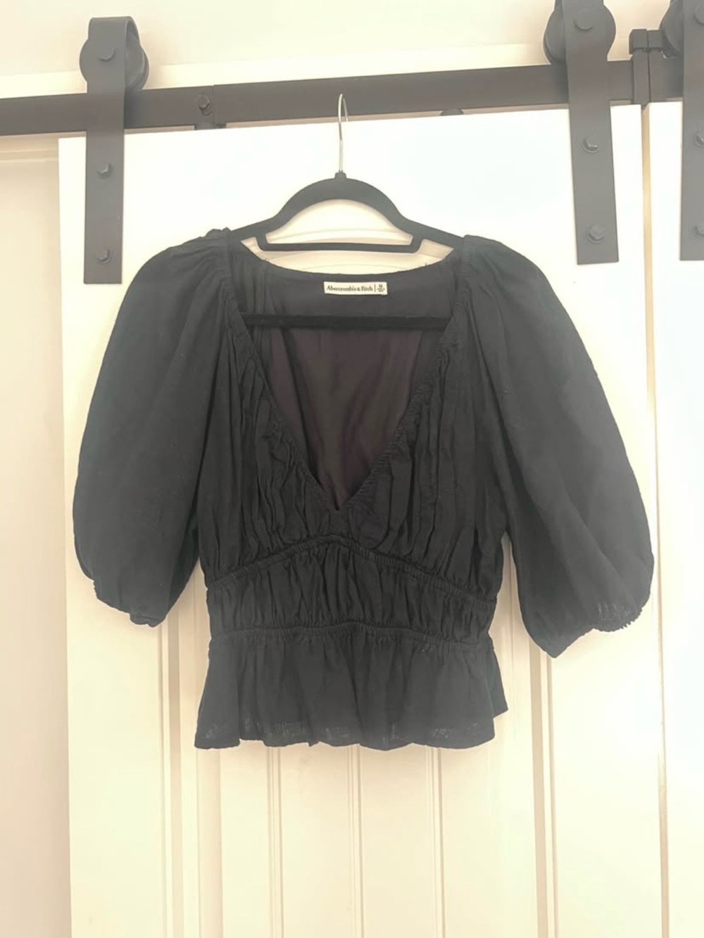 Abercrombie & Fitch Black Puff-Sleeve V-Neck Blouse